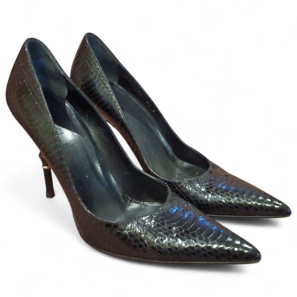 Gucci Black Water Snake Leather Bamboo Heels